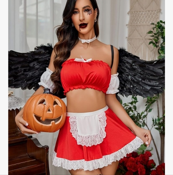 Avid Love Other - New Lingerie Maid Cosplay Red and White Lace Trim Costume 5 Piece Set Witchy